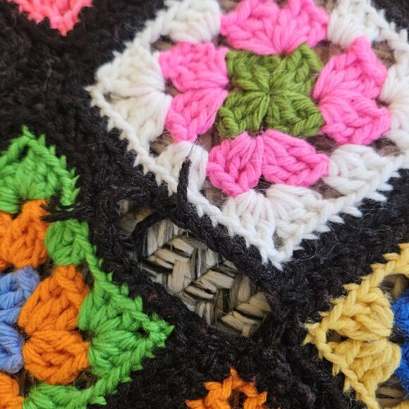 Afghan Granny Square Vintage Colorful Handmade Crocheted Blanket Boho Wool 60x48 - Picture 3 of 6